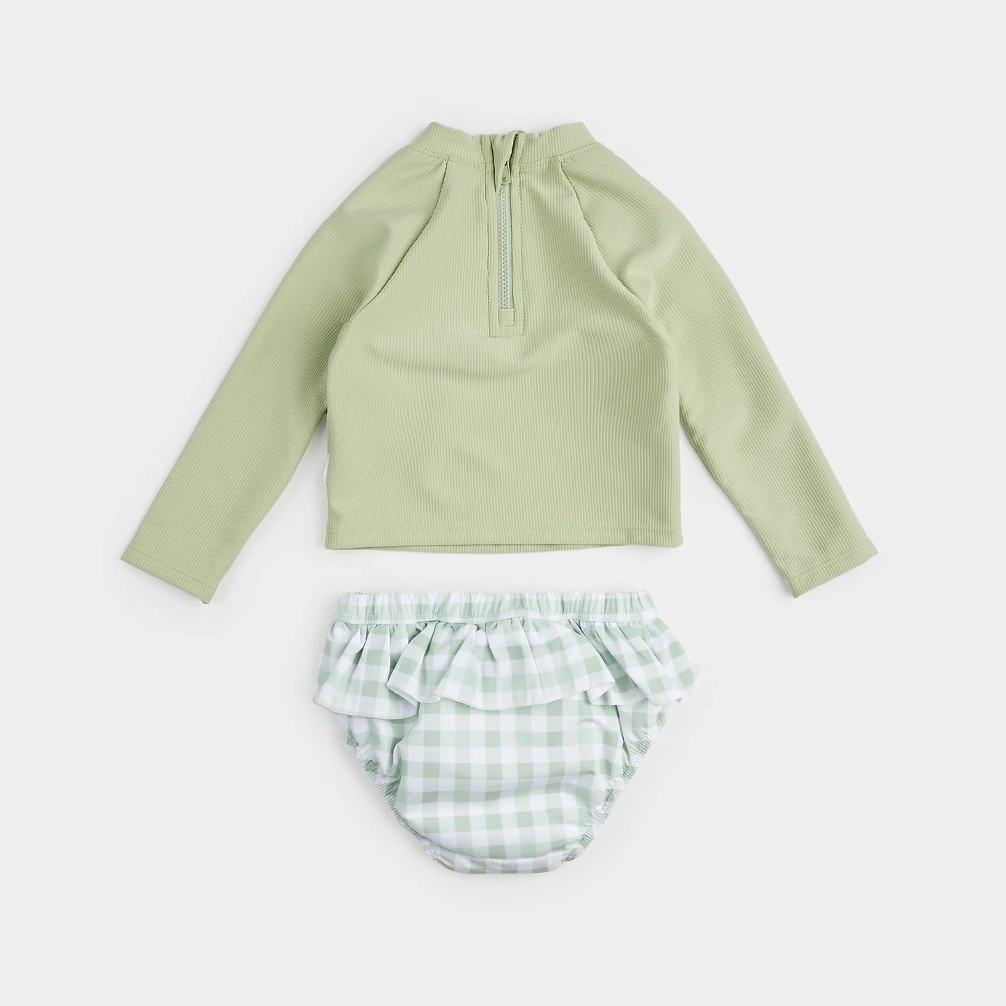 Ribbed Long-Sleeve Sage & Gingham Rashguard Set With Swim Diaper